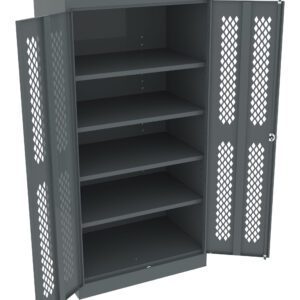 A gray, metal storage cabinet with two open doors revealing five empty shelves. The doors have diamond-patterned perforations for ventilation.