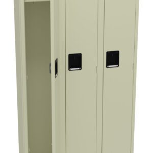 A beige, three-door metal locker with the left door slightly open. Inside, there are a shelf and a space for hanging items. The locker has vented tops and black recessed handles.