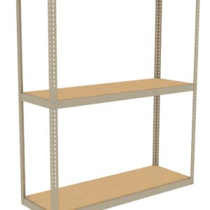 A metal shelving unit with three wooden shelves. The frame is a light gray color, and the unit is viewed from an angle, showing its depth and sturdy construction.