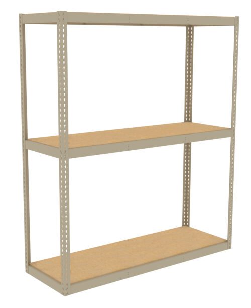 wcwjv5hgou3ofgllm4am.jpg A metal shelving unit with three wooden shelves. The frame is a light gray color, and the unit is viewed from an angle, showing its depth and sturdy construction.
