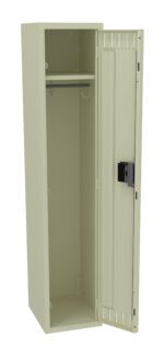A tall beige metal locker with an open door. Inside, it features an upper shelf and a hanging rod. The locker has a ventilation grille on the door and a lock mechanism. The background is white.