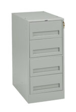Gray metal filing cabinet with four drawers, featuring a key lock on the top right corner. The cabinet stands on a flat surface, designed for office or home use to organize documents and supplies.