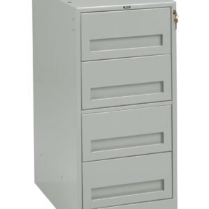 Gray metal filing cabinet with four drawers, featuring a key lock on the top right corner. The cabinet stands on a flat surface, designed for office or home use to organize documents and supplies.