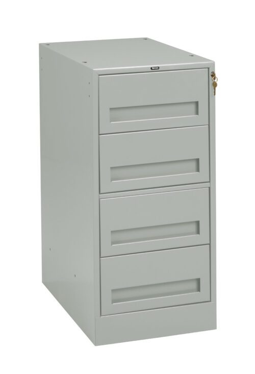 Gray metal filing cabinet with four drawers, featuring a key lock on the top right corner. The cabinet stands on a flat surface, designed for office or home use to organize documents and supplies.