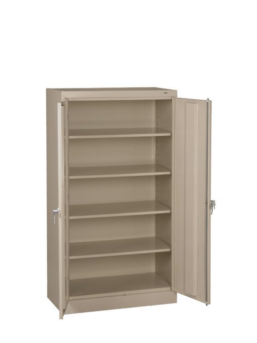 An open, beige metal storage cabinet with five adjustable shelves and two doors with handles. The cabinet is empty, showing a clean and organized interior space.