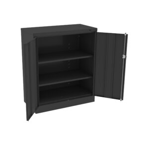 A black metal cabinet with one door open, revealing two shelves inside. The cabinet has a sleek design and a lock on the open door. It is designed for storage and organization.