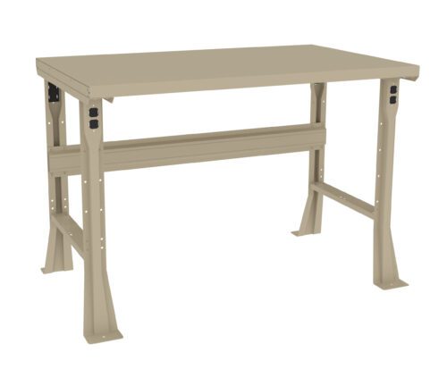 A beige industrial workbench with a flat, rectangular surface and sturdy metal legs. It has a support bar underneath and features two power outlets on the front legs. The design is simple and functional.
