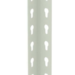 A long, pale gray, L-shaped metallic corner protector with evenly spaced holes along its length, standing upright against a white background.