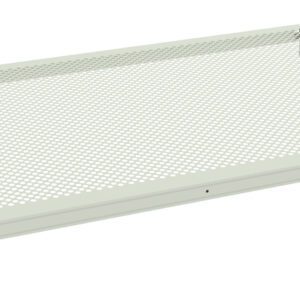 A rectangular perforated metal shelf, designed with a grid pattern and a light gray finish. It has mounting brackets on the sides for attachment.