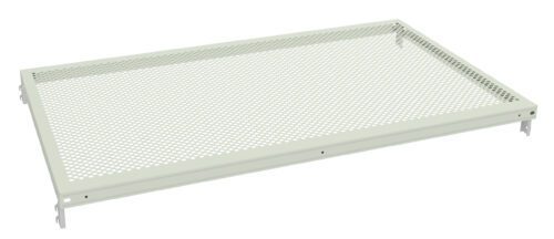 wdrsnqjju0crhcvghelw.jpg A rectangular perforated metal shelf, designed with a grid pattern and a light gray finish. It has mounting brackets on the sides for attachment.