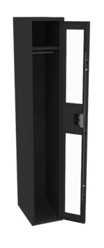 A tall, black metal locker with one open door. The door has two rectangular glass panels and a lock. Inside, theres a shelf and a hanging rod for storage. The locker stands on a flat surface against a white background.