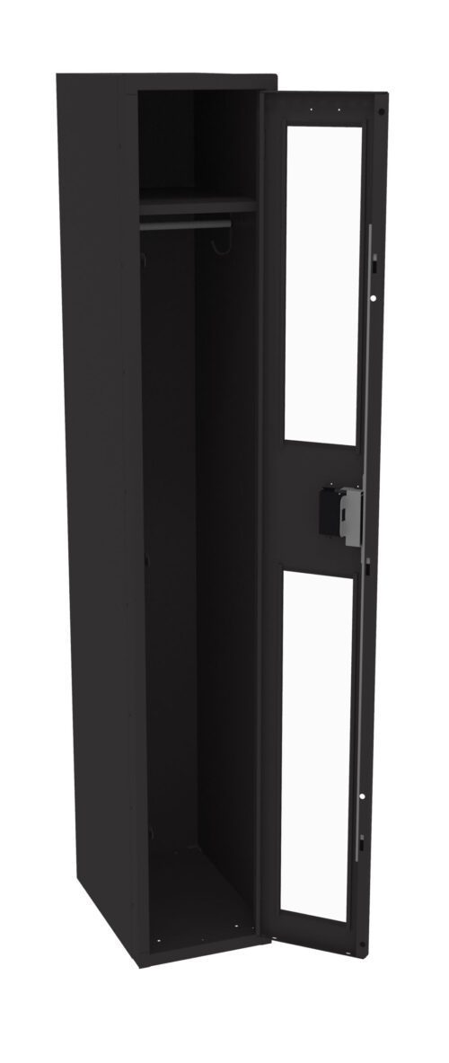A tall, black metal locker with one open door. The door has two rectangular glass panels and a lock. Inside, theres a shelf and a hanging rod for storage. The locker stands on a flat surface against a white background.