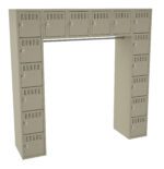 Gray metal locker unit with a combination of small square and rectangular compartments forming an arch shape. The lockers have vent slits and keyhole locks, and are arranged in two vertical columns and one horizontal row on top.