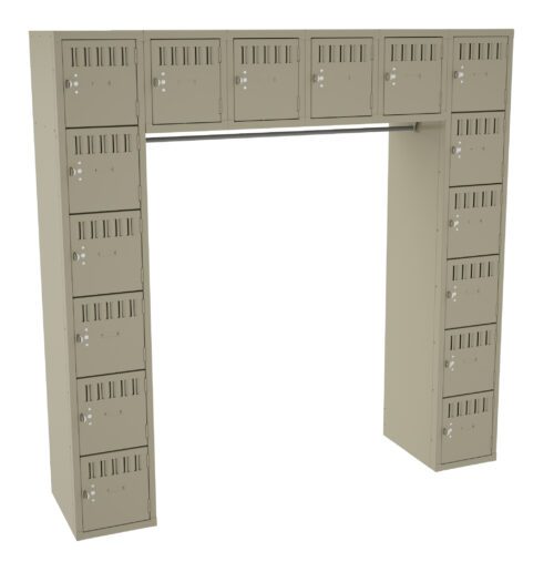 Gray metal locker unit with a combination of small square and rectangular compartments forming an arch shape. The lockers have vent slits and keyhole locks, and are arranged in two vertical columns and one horizontal row on top.
