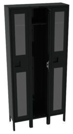 A three-door metal locker with mesh panels. The left and right doors are closed, while the middle door is open, revealing an empty interior. The locker is black, standing on four legs.