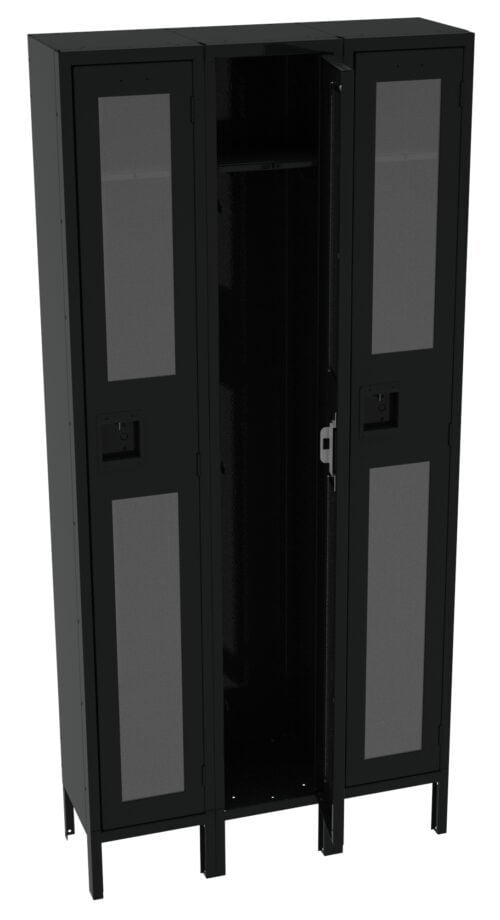 A three-door metal locker with mesh panels. The left and right doors are closed, while the middle door is open, revealing an empty interior. The locker is black, standing on four legs.