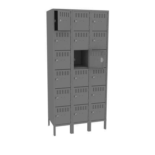 wff3ttmehhnfhl34jefp.jpg A gray steel locker unit with five columns and four rows, featuring 20 individual lockable compartments. The third compartment in the third column is open, revealing the inside, while all others are closed.