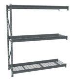 A steel storage rack with three shelves is shown against a white background. The shelves are made of metal grids, providing a sturdy structure for storage. The rack is industrial-grade and suitable for organizing heavy items in a warehouse or garage.