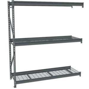 A steel storage rack with three shelves is shown against a white background. The shelves are made of metal grids, providing a sturdy structure for storage. The rack is industrial-grade and suitable for organizing heavy items in a warehouse or garage.