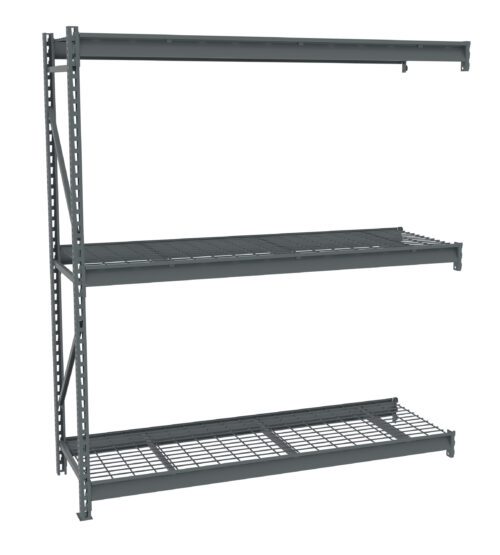 wfijuus9d9qko7tboxa8.jpg A steel storage rack with three shelves is shown against a white background. The shelves are made of metal grids, providing a sturdy structure for storage. The rack is industrial-grade and suitable for organizing heavy items in a warehouse or garage.