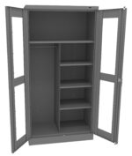 A gray metal storage cabinet with two open doors. Inside, there is a horizontal rod for hanging clothes on the left and several shelves for storage on the right. The exterior is plain with a smooth finish.