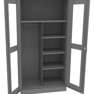 A gray metal storage cabinet with two open doors. Inside, there is a horizontal rod for hanging clothes on the left and several shelves for storage on the right. The exterior is plain with a smooth finish.