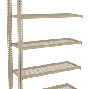 Tan metal shelving unit with five perforated shelves. The frame is constructed of vertical beams with holes for adjustable shelving positions. The design is minimalist, suitable for organizing in garages or storage rooms. Appears empty and unassembled.