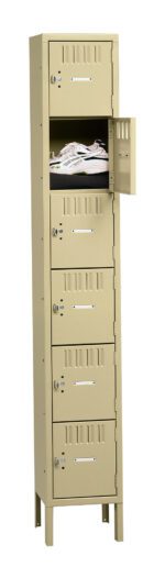 A beige metal locker with six compartments, one of which is open. Inside the open compartment, a pair of white sneakers is visible. The locker stands on four legs, and each compartment has a vented door with a handle.