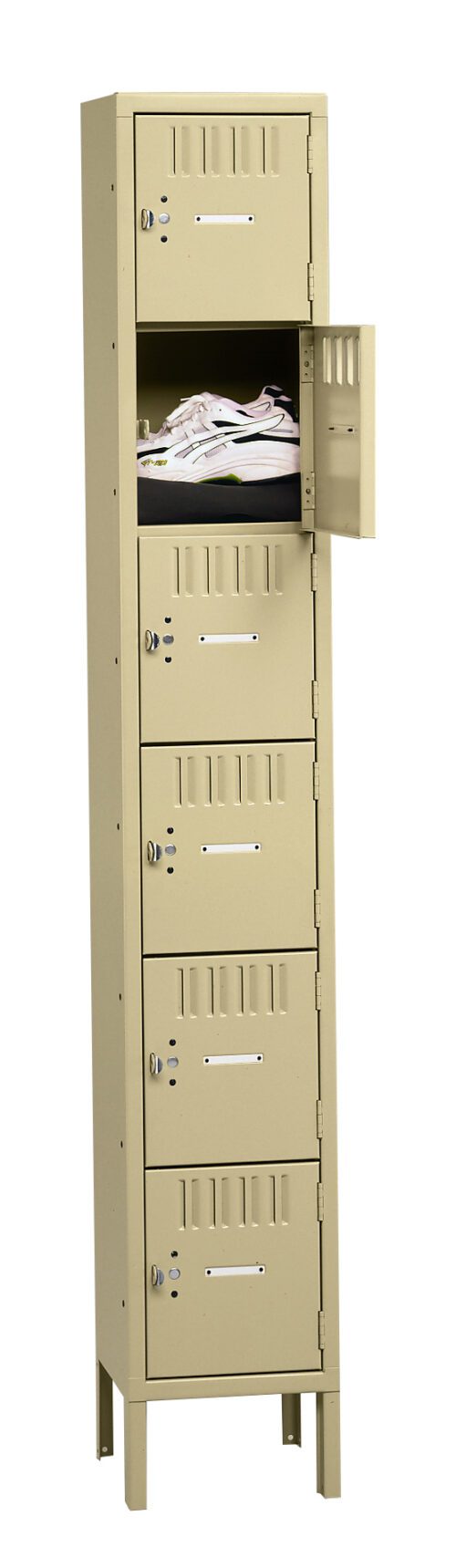 wfpmcp9par7w5azzvzci.jpg A beige metal locker with six compartments, one of which is open. Inside the open compartment, a pair of white sneakers is visible. The locker stands on four legs, and each compartment has a vented door with a handle.