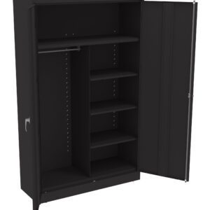 Black metal storage cabinet with two doors, opened to reveal shelves on the right side and a rod for hanging clothes on the left. The right side has multiple adjustable shelves for versatile storage options.