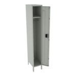 A tall, gray metal locker stands with its door open, revealing a single shelf and a clothing hook inside. The locker is supported by a set of legs and has a textured surface on the front door.