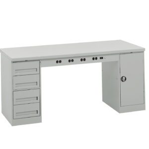 A light gray metal desk with four drawers on the left, a central area with multiple power outlets, and a locking cabinet door on the right. The desk has a sleek, minimalist design suitable for industrial or office use.