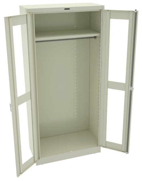 A beige metal storage cabinet with two open doors revealing an empty interior. It features a hanging rod and multiple adjustable shelves, with glass panels on the doors for visibility.