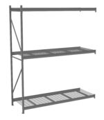 Empty gray metal shelving unit with three levels, featuring a combination of wire and solid platforms. The shelves are supported by a vertical metal frame on the left, with horizontal beams and diagonal braces for stability.