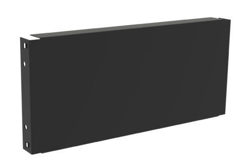 A dark, rectangular metal panel with a smooth surface, featuring two holes on its left edge. The panel is shown at an angle, revealing its thickness and the holes for mounting. The background is plain and white.