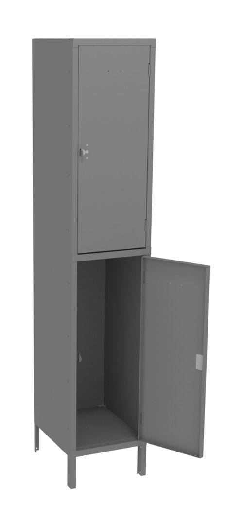 Gray metal locker with two compartments, one above the other. The top door is closed, while the bottom door is open, showing an empty interior. Both doors have small handle locks. The locker stands on four legs.
