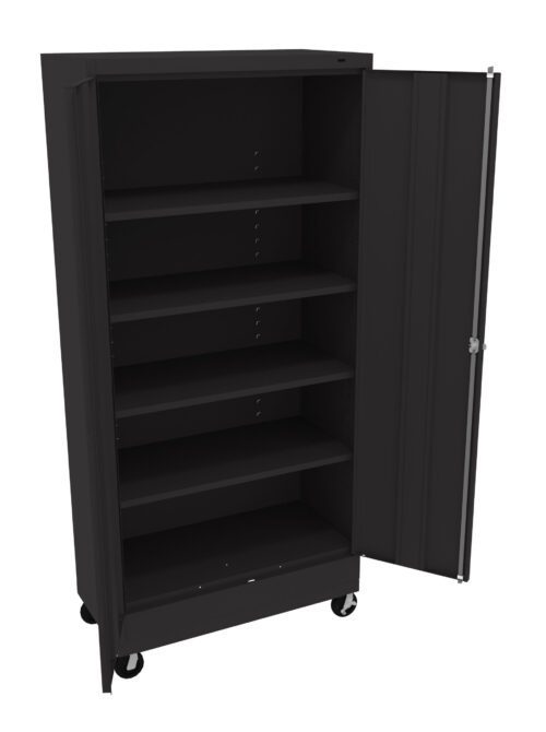 wie71pozibhham7x6lhe.jpg A tall, black storage cabinet with one open door is shown. It has five adjustable shelves inside and is mounted on wheels for mobility.
