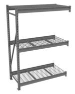 A gray, three-tiered metal storage rack with a solid top shelf and two wire grid shelves underneath, designed for heavy-duty use in industrial or warehouse settings.