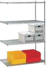 A metal shelving unit with four wire shelves. There are two cardboard boxes with black labels on the second shelf and two open plastic bins, one red and one yellow, on the bottom shelf. The top two shelves are empty.