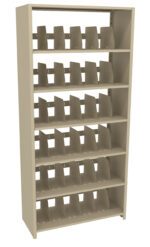 Metal shelving unit with five shelves, each equipped with multiple adjustable dividers. The frame is beige and designed for organizing and storing various items.