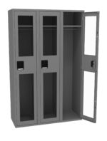 Three gray metal lockers are shown, two with doors closed and one open. Each locker has a rectangular handle and small vents near the top. The open locker reveals a hanging rod and shelf inside.