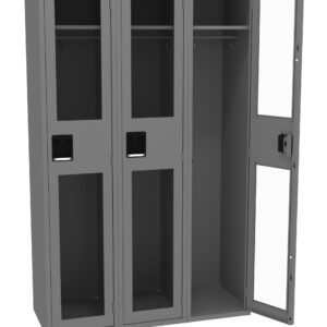 Three gray metal lockers are shown, two with doors closed and one open. Each locker has a rectangular handle and small vents near the top. The open locker reveals a hanging rod and shelf inside.