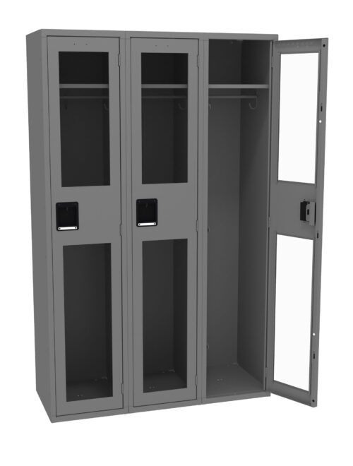 Three gray metal lockers are shown, two with doors closed and one open. Each locker has a rectangular handle and small vents near the top. The open locker reveals a hanging rod and shelf inside.