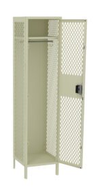 A beige metal locker with a diamond-patterned mesh design. The locker has one open door, revealing a single horizontal bar inside. The locker stands on four legs and includes a built-in combination lock on the door.