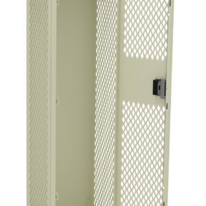 A beige metal locker with a diamond-patterned mesh design. The locker has one open door, revealing a single horizontal bar inside. The locker stands on four legs and includes a built-in combination lock on the door.