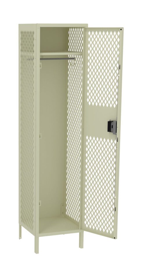 A beige metal locker with a diamond-patterned mesh design. The locker has one open door, revealing a single horizontal bar inside. The locker stands on four legs and includes a built-in combination lock on the door.