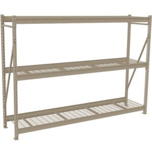 Metal storage rack with three shelves. The rack features a grid design on each shelf, supported by upright beams with holes for adjusting shelf height. The structure is sturdy and industrial, suitable for organizing items in a warehouse or garage.