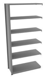 Image of a tall, steel shelving unit with six empty, evenly spaced shelves. The shelves are adjustable and supported by vertical side brackets with multiple holes for height customization. The unit is against a white background.