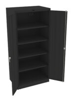 A black metal cabinet with two doors, one open to show five empty shelves inside. The cabinet has a simple design and appears sturdy, with a handle on each door.