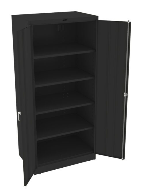 wjza4s7de7swzmyndgah.jpg A black metal cabinet with two doors, one open to show five empty shelves inside. The cabinet has a simple design and appears sturdy, with a handle on each door.